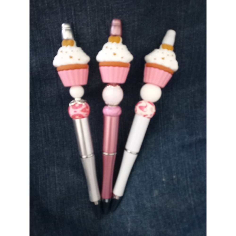 Set Of Three Beaded Pens  Cupcake Themed New Great Gift Stocking Stuffer